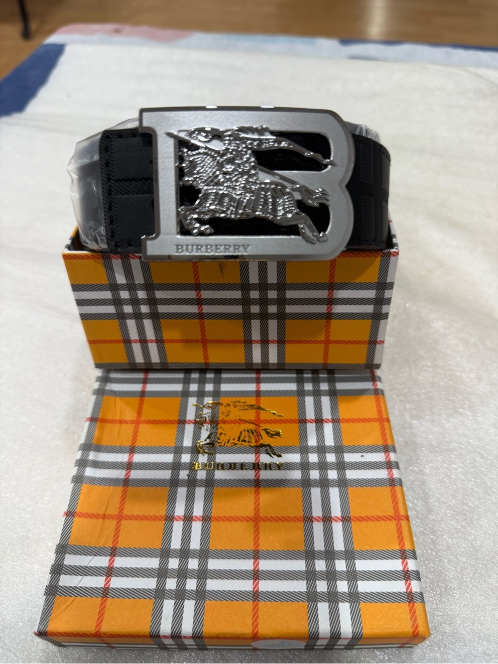 Burberry Black Check Belt with Silver Horseman 'B' Buckle 125cm